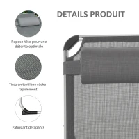Outsunny Bain de soleil chaise longue pliante avec appuie-tête, transat inclinable en aluminium et textilène, transat jardin extérieur pour plage relax camping piscine terrasse, 165x60x76cm, gris(m-6)