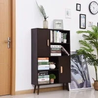 HOMCOM Bibliothèque scandinave 4 niches + 2 placards avec étagère dim. 80L x 24l x 123H cm Pieds effilés inclinés Bois Massif Panneaux Particules wengé(m-2)