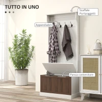 HOMCOM Mobile Appendiabiti 3 in 1 con 4 Ganci e Panca Contenitore, in Legno, 71.5x39.5x170 cm, Bianco(m-4)