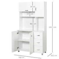 HOMCOM Küchenschrank, Hochschrank mit 3 Schubladen,Sideboard, Aufbewahrungsschrank mit verstellbaren Ablagen, Kommode, Weiß, 100x 39,5 x 183,5 cm(m-3)