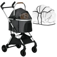 PawHut Poussette pour chiens 3 en 1 pliable panier de transport avec poignée habillage de pluie 77 x 44 x 100 cm gris(m-10)