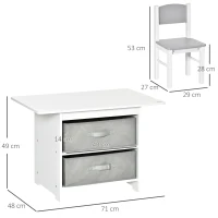 HOMCOM 3-tlg. Kindertischgruppe Kindertisch mit Stauraum Kindermöbel Set aus Holz mit 2 Aufbewahrungskörben Sitzgruppe für Kleinkind Mädchen Junge Vliesstoff Weiß+Grau 71 x 48 x 49 cm(m-3)