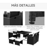 Outsunny Conjunto de Muebles de Jardín Comedor 9 Piezas de Ratán Apilables con Cojines para Terraza 1 Mesa 4 Sillas y 4 Taburetes de Exterior Elegante Negro(m-7)