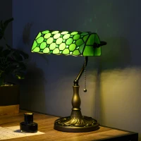 HOMCOM Stained Glass Table Lamp, Vintage Lamp with Green Handmade Shade, Metal Base, Antique Bedside Lamp for Bedroom Living Room Home Decoration(m-2)