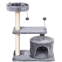 PawHut Katzenbaum mit Hängebett, 3-Stock Kratzbaum, Katzenhöhle, Katzenhaus mit Spielbällen, mit Sisalsäule und Kratzbrett, Plüsch Grau 60 x 40 x 81 cm(m-8)