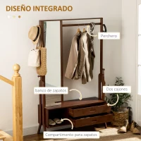 HOMCOM Perchero de Bambú con Banco Espejo 2 Cajones 4 Ganchos Barra y Compartimiento de Almacenaje 113x33x169,5cm Marrón(m-4)