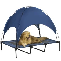 PawHut Outdoor-Hundeschlafplatz Wetterfestes Hundebett, mit Baldachin, klappbar, 122 x 92 x 108 cm, Blau + Schwarz(m-1)