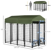 PawHut Kennel per Cani in Acciaio per Interni ed Esterni con Tettuccio in Tessuto Oxford e 2 Ciotole, 244x122x183 cm(m-3)