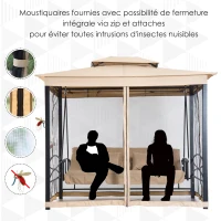 Outsunny Balancelle de Jardin 3 Places Convertible Style Colonial Grand Confort 5 Coussins + Matelas + moustiquaires Inclus 2,56L x 1,72l x 2,48H m Marron Clair(m-5)