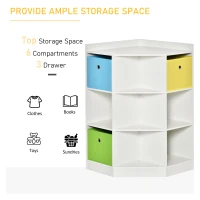 HOMCOM 3 Tier Kids Bookcase Toy Organiser Storage w/ 3 Fabric Drawers, White(m-5)