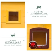 PawHut Maison pour chat en bois niche d'extérieur toit résistant à l'eau avec porte et fenêtre jaune(m-7)