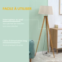 HOMCOM Lampadaire trépied pieds en bois et abat-jour aspect lin 40 W dim. 59L x 59l x 152H cm(m-5)