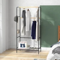 HOMCOM Kleiderständer, 2 Kleiderstangen, Ablage & Haken, Bambus/Stahl, Schwarz(m-2)