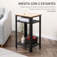 HOMCOM Mesa Auxiliar Mesita de Noche Estilo Industrial con 2 Estantes de Rejilla de Metal y Pies Ajustables para Salón Dormitorio 45x35x75 cm Roble y Negro(m-4)
