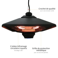 Outsunny Chauffage radiant suspendu IP24 et 20 m² chauffage d'appoint sans CO₂ dim. 43L x 43l x 25H cm 2 tubes 1000/2000 W extérieur intérieur télécommande éclairage LED intégré noir(m-6)