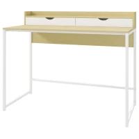 HOMCOM Bureau avec étagère de rangement et 2 tiroirs style moderne effet bois naturel et métal blanc - 106L x 50D x 89H cm(m-1)