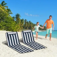 Outsunny Set of 2 Foldable Garden Beach Chair Mat Lightweight Outdoor Sun Lounger Seats Adjustable Back Metal Frame PE Fabric Head Pillow w/ Carry Bag, Blue(m-11)