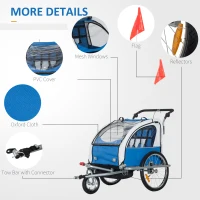 HOMCOM 2 Seat Bike Trailer with 5 Point Harness, Baby Bike Stroller with Safety Flag, Reflectors, for 18+ Months, Blue(m-6)