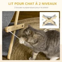 PawHut Lit pliable pour chats hamac 2 niveaux en bois et feutrine avec jeu boules suspendues - dim. 52L x 42l x 33,5H cm(m-5)
