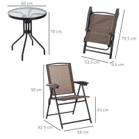 Outsunny 3 Piece Outdoor Bistro Set, Patio Conversation Furniture Set with 2 Folding Backrest Adjustable Armchairs and Glass Top Coffee Table, Brown(m-3)