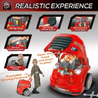 HOMCOM Kids Truck Engine Toy Set, Toddler Educational Car Service Station Playset, Take Apart Workshop, w/ RC Car Key, Steering wheel, Horn, Light, for 3-5 Years Old Red(m-4)