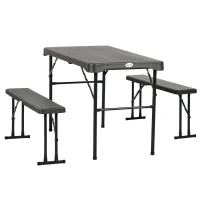 Outsunny Folding Picnic Table with 2 Benches, 3-Piece Portable Garden Furniture Set for 4, Dining Table Set with Plastic Top, Steel Frame, Dark Grey(m-11)