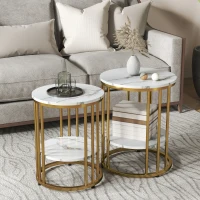 HOMCOM Set of Two Marble-Effect Coffee Tables - White/Gold-Tone(m-2)