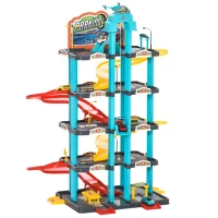 HOMCOM Garage Parking Voitures Enfant - 5 Niveaux, 4 Voitures, 1 hélicoptère - Ascenseur Manuel, Station-Service, Pont élévateur - PP ABS Bleu Rouge Jaune(m-1)