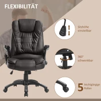 HOMCOM Bürostuhl mit Massagefunktion Ergonomischer Chefsessel mit Heizfunktion, Liegefunktion, Wippfunktion, Höhenverstellbar 360° Drehbar Schreibtischstuhl, Kunstleder, Braun(m-5)