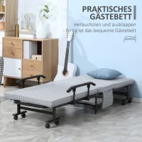 HOMCOM Klappbett, Gästebett, neigbare Rücklehne, Armlehnen, 8 Rollen, Stahlrahmen, hellgrau+schwarz, 190 x 76 x 33cm(m-4)