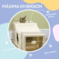 PawHut Túnel para Gatos de Interior Plegable con Múltiples Entradas Casetas de Sisal y Bola Colgante 98x30x30 cm Crema(m-5)