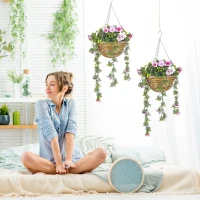 HOMCOM Set of 2 Artificial Silk Azalea Flowers, Hanging Planters with Basket, Faux Plants for Home Indoor Outdoor Decor, Pink and White(m-2)