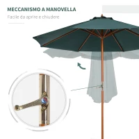 Outsunny Ombrellone da giardino in legno di pioppo, copertura di poliestere Verde, Stabile, Anti-UV, Ø270 x 250cm(m-4)