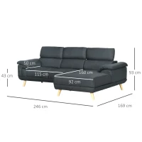 HOMCOM 3 Seater Corner Sofas for Living Room with Adjustable Headrest, Fabric L Shaped Sofa Settee, Couch, Dark Grey(m-3)