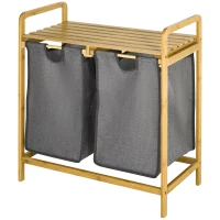 HOMCOM Wäschesammler Wäschekorb, 2 Wäschesäcke, 2 Griffe, Bambus, 63,5 x 33 x 73 cm, Grau + Natur(m-10)