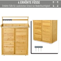 Outsunny Gartenschrank Pflanztisch mit Unterschrank Geräteschrank mit Arbeitsfläche 3 Fächern Gartentisch mit Unterschrank 2 Türen Massivholz Gelb 87 x 45 x 120 cm(m-4)