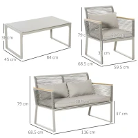Outsunny Set da Giardino 4 Pezzi in Rattan PE con 2 Poltrone, Divanetto e Tavolino da Caffè in Vetro Temperato Grigio(m-3)