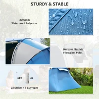 Outsunny 4-6 Man Camping Tent w/ Two Bedroom, Hiking Sun Shelter, UV Protection Tunnel Tent, Blue and White(m-7)