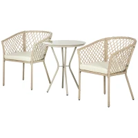 Outsunny Conjunto de Jardín de 3 Piezas de Ratán Sintético Set de 2 Sillas y 1 Mesa con Encimera de Cristal Caqui y Natural(m-11)