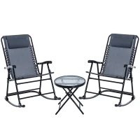 Outsunny Set de Muebles de Jardín Mesa Redonda Ø46x49 cm y 2 Sillas Mecedoras 68x90x106 cm Plegables con Bloqueo para Exterior Patio Gris(m-10)