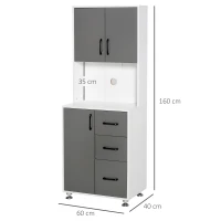 HOMCOM Küchenschrank Hochschrank mit 2 Türen Regal Mikrowellenregal Küchenbuffet mit unterem Aufbewahrungsschrank und 3 Schubladen Kommode Spanplatte Stahl Grau+Weiß 60 x 40 x 160 cm(m-3)