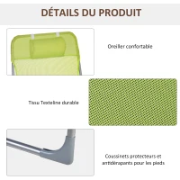 Outsunny Bain de soleil transat chaise longue inclinable pliable avec oreiller dossier réglable sur 5 niveaux vert(m-4)