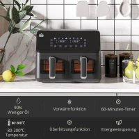 HOMCOM Heißluftfritteuse, 2 Frittierkörbe á 4 Liter, 8 Programme, Licht, Timer, 38,5 x 38 x 30,5 cm, Schwarz(m-6)