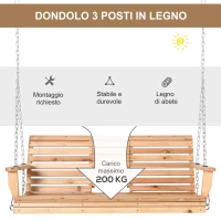 Outsunny Dondolo Sospeso 3 Posti, Dondolo in Legno per Giardino o Terrazzo con Tavolino Pieghevole e Portabicchieri(m-4)