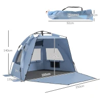 Outsunny 2-3 Person Pop Up Beach Tent, UPF15+ Sun Shelter with Extended Floor, Sandbags, Mesh Windows and Carry Bag, Light Blue(m-3)
