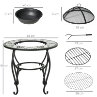Outsunny 3-in-1 Φ68cm Outdoor Fire Pit, Garden Table with Cooking BBQ Grill, Mosaic Firepit Bowl with Spark Screen Cover, Fire Poker for Backyard Bonfire Patio(m-3)