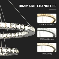 HOMCOM Modern LED Chandelier with 2 Crystal Rings, Dimmable Pendent Ceiling Light Cool Warm White with Adjustable Cable Remote Controller for Living Room, Dining Room, Bedroom, Silver(m-5)