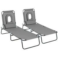Outsunny Lot de 2 Bains de Soleil Pliable transat inclinable 4 Positions Chaise Longue de Lecture 3 Coussins fournis Gris(m-1)