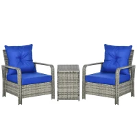 Outsunny 3 Pieces Rattan Bistro Set, Wicker Garden Furniture Set with Storage Coffee Table and Chairs, Thickened Cushions for Outdoor, Patio, Balcony, Blue(m-1)