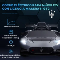 AIYAPLAY Coche Eléctrico para Niños de +3 Años Maserati GT2 con Mando a Distancia Faros LED Bocina Música Ruedas Auxiliares Gris(m-4)